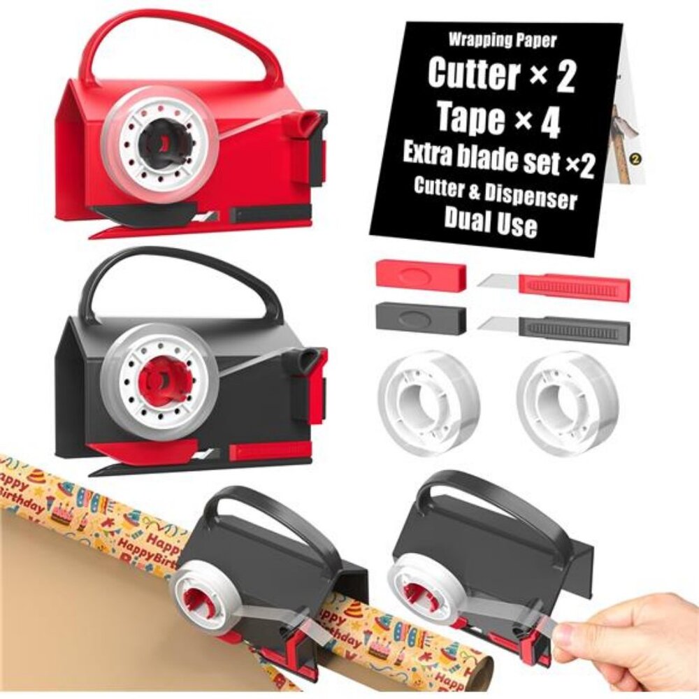 (2-Pack) Wrapping Paper Cutter & Tape Dispenser Dual Use with 4 Tapes